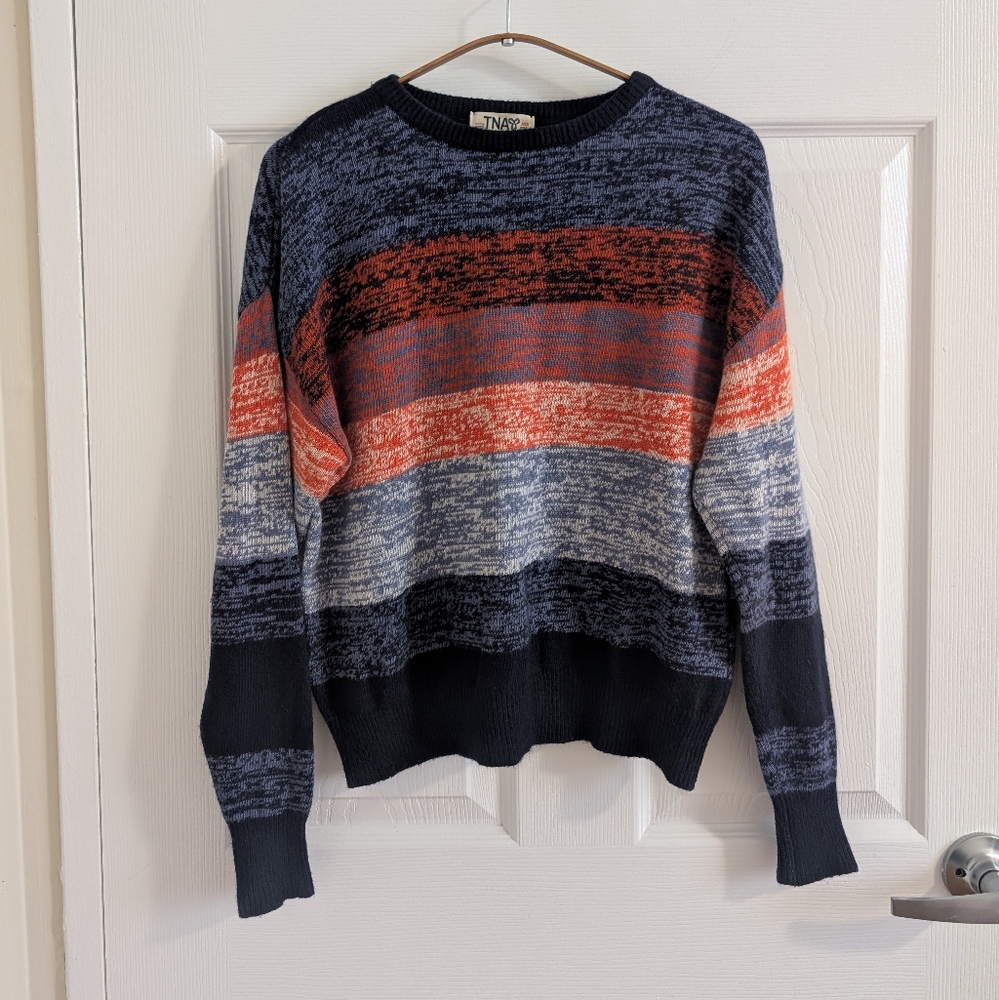 Aritzia TNA Blue /Orange Striper Crewneck Sweater 5% cashmere 7% Angora Size XXS